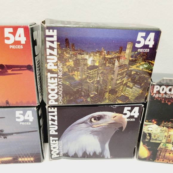 5 Mix Lot Pocket Jigsaw Puzzles Chicago Boeing 747 Bald Eagle Airplanes USA Made - Picture 3 of 5